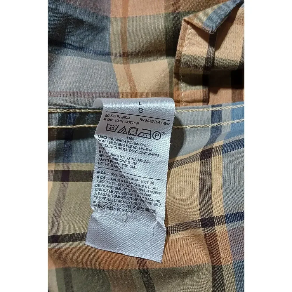 Banana Republic Untucked Fit Men's sz L Long Sleeve Shirt Brown Blue Black Plaid